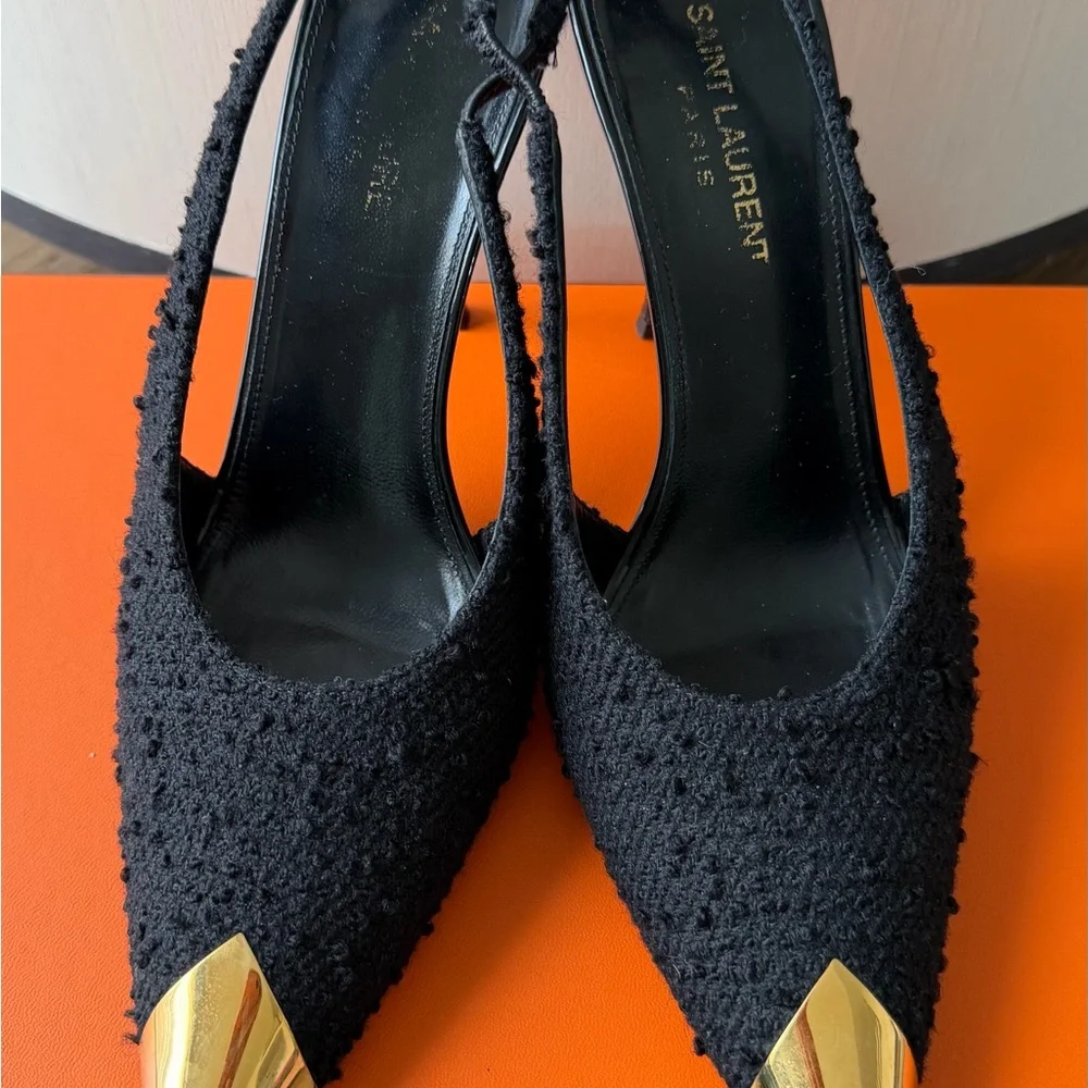 Saint Laurent Vesper Black Tweed Slingback Pointed-Toe Heels w/Gold Cap Toe 37 - Picture 7 of 7